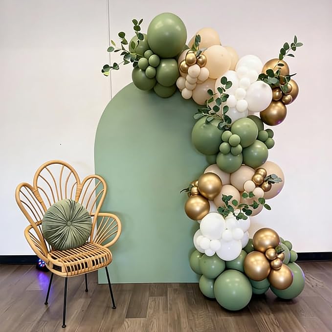 Lukiituke Sage Green and Gold Balloon Arch Kit, 134Pcs Sage Green Balloons, 4 Sizes Sage Green White and Gold Balloons for Baby Shower Wedding Bridal Birthday Party Decorations