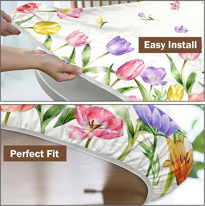 Spring Summer Easter Round Fitted Tablecloth with Elastic Edge Tulip Lavender Floral Circle Table Cloth for 44-48" Tables Wipeable Waterproof Farmhouse Flowers Table Cover for Picnic Dining Outdoor