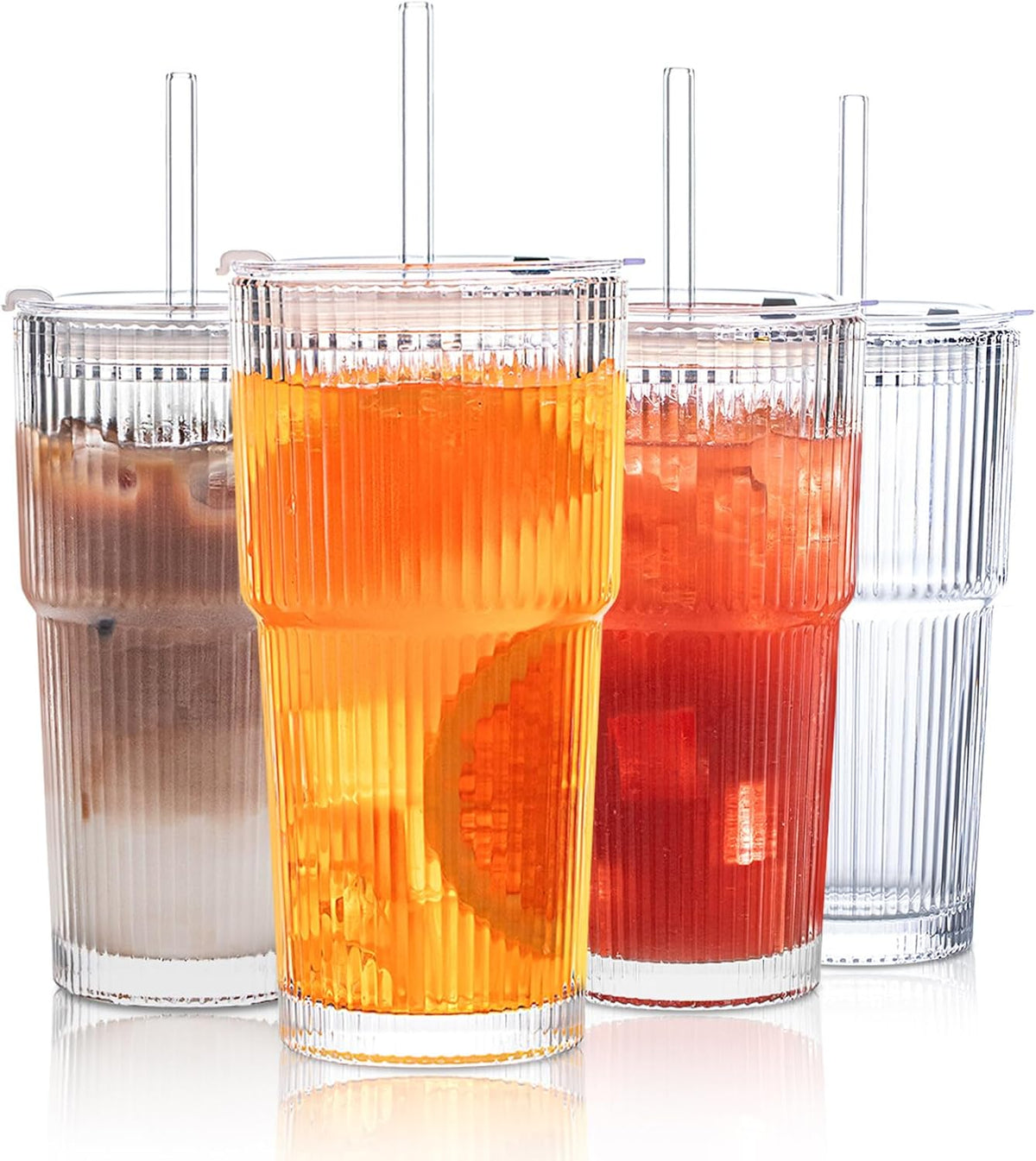 Insetlan 20 oz Ribbed Glass Tumblers with Lids and Glass Straws – 4-Piece Glassware Set, Thickened Glass, Ideal for Iced Coffee, Smoothies, Cocktails