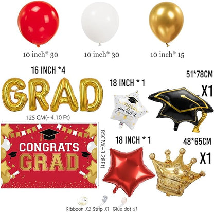 Red White Gold Balloon Garland Arch Kit with backdrop Stars Graduation Cap crown GRAD Letters Mylar Balloons for 2026 graduate Prom Decorations