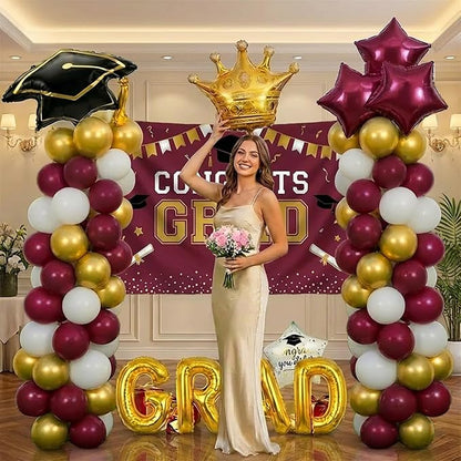 Maroon White Gold Balloon Garland Arch Kit with backdrop Stars Graduation Cap crown GRAD Letters Mylar Balloons for 2026 graduate Prom Decorations
