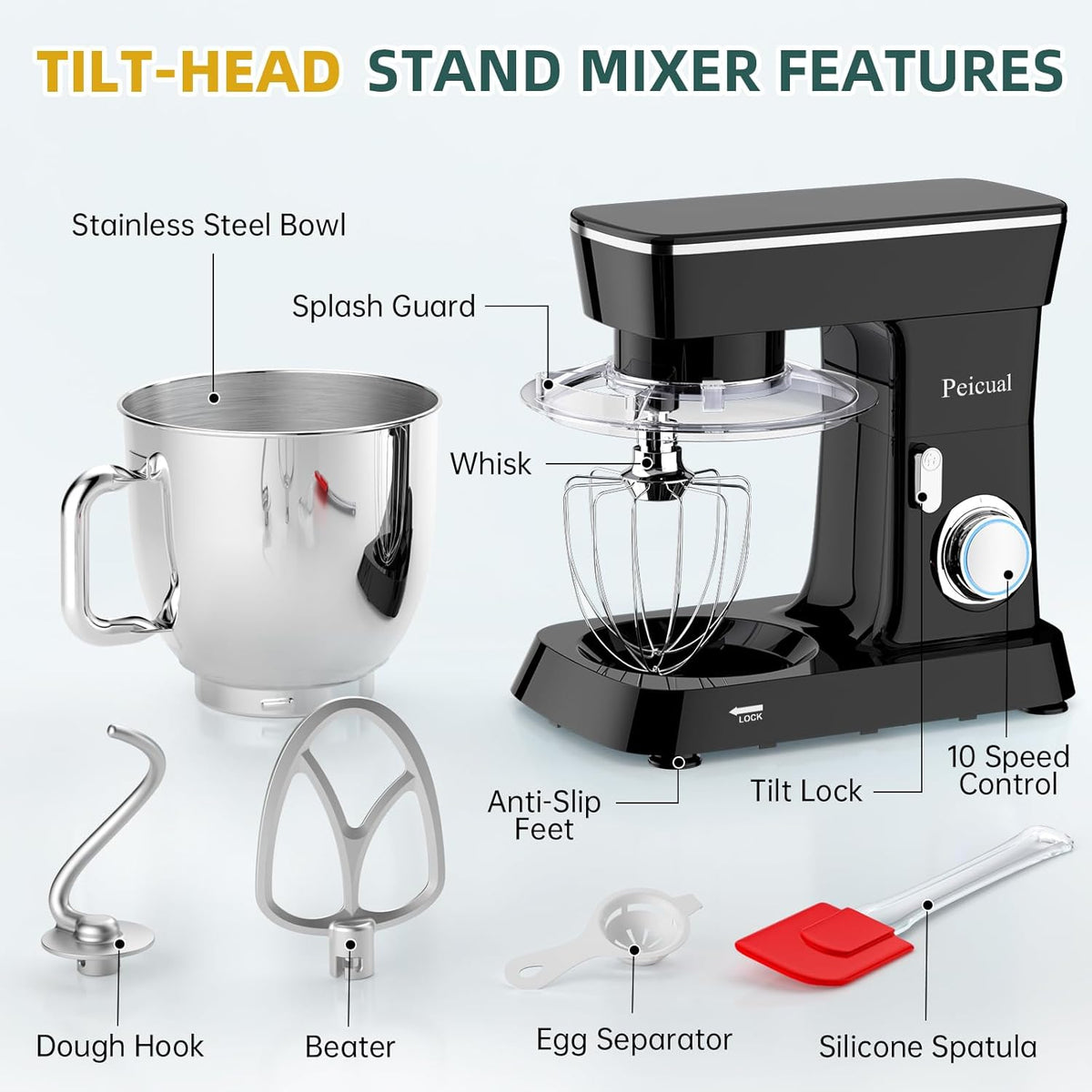 Stand Mixer, 6QT 10+P Speed Tilt-Head Kitchen Electric Mixer, Food Mixer with Stainless Steel Bowl, Dough Hook, Flat Beater, Wire Whisk