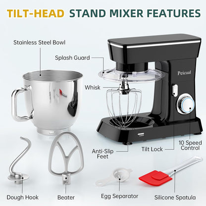 Stand Mixer, 6QT 10+P Speed Tilt-Head Kitchen Electric Mixer, Food Mixer with Stainless Steel Bowl, Dough Hook, Flat Beater, Wire Whisk