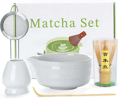 White Matcha Whisk Set - 5PCS Matcha Set Includes 18OZ Chawan with Spout