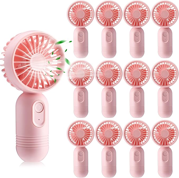 Rossesay 12 Pack Mini Portable Handheld Fan Bulk for Travel 3 Speeds, Rechargeable USB Battery Operated, Small Personal Eyelash Fans for Women Men Indoor Outdoor(Pink,Classic Style)