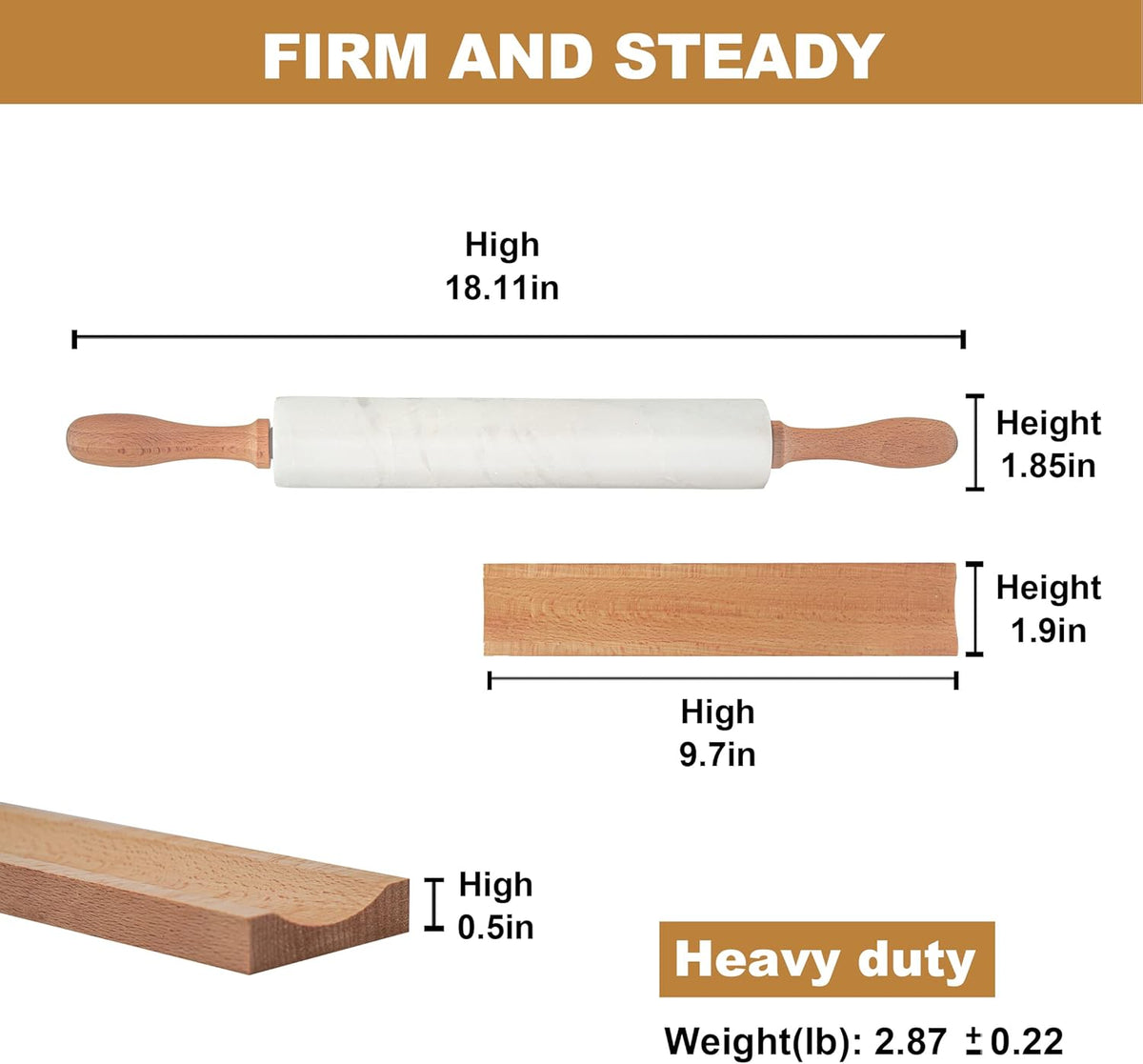 Koville Marble Rolling Pin, Non-Stick African Stone Polished Dough Roller, Pasta, Dumpling, Ravioli, Fondant, Pie Crust