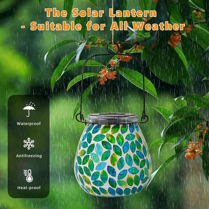 Starsoul Solar Lanterns Outdoor Waterproof, Unique Green Mosaic Glass Solar Garden Lights, Decorative Outdoor Lantern for Outside Patio Pathway Porch Yard Table