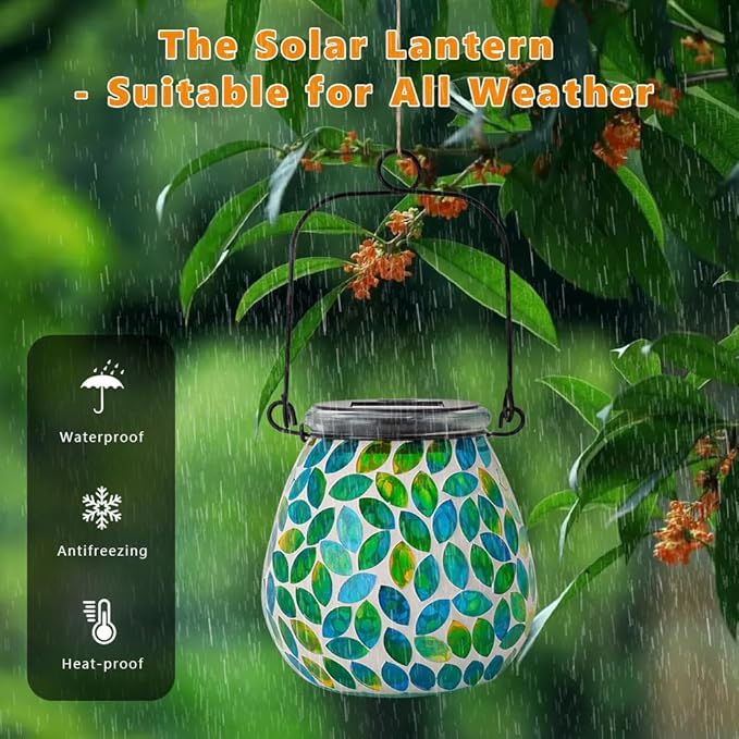 Starsoul 4 Pack Solar Lanterns Outdoor Waterproof, Unique Green Mosaic Glass Solar Garden Lights, Decorative Outdoor Lantern for Outside Patio Pathway Porch Yard Table