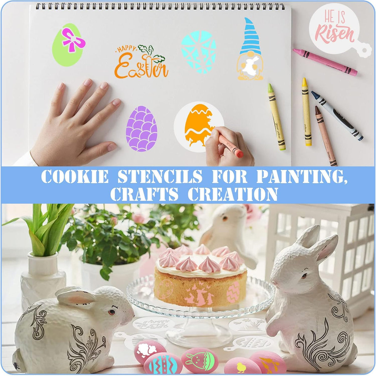 Julbear Easter Cookie Stencils, 36Pcs Reusable Eggs Bunny Cookie Coffee Stencils Templates Mold Tools for Cookies Baking Painting Dessert Coffee