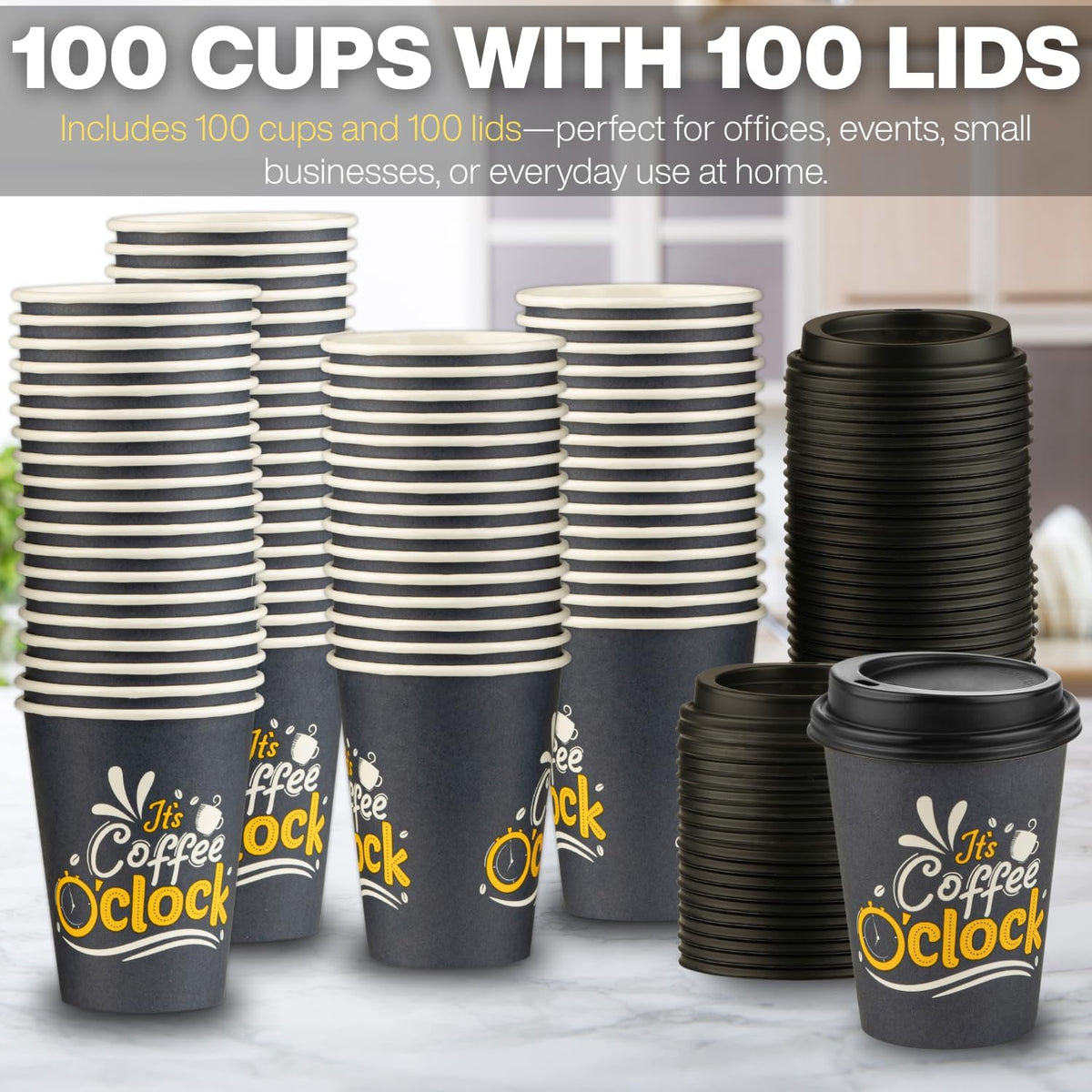 Smygoods Disposable Coffee Cups with Lids, To Go Paper Hot Cups, Coffee O'Clock Design (12 OZ, 100 Count) For Hot Beverages, Coffee, Tea, Espresso
