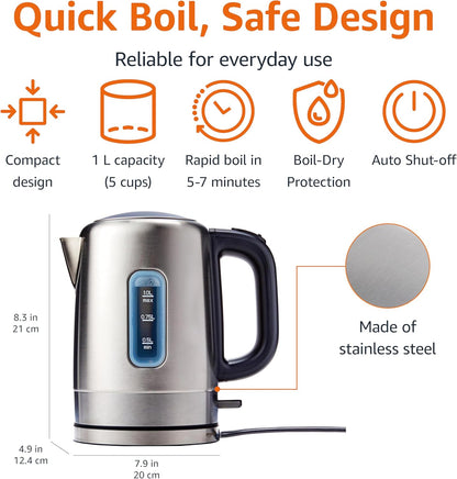Electric Stainless Steel Kettle for Tea and Coffee, BPA-Free, Fast Boiling, Auto Shut-Off, 1.1 Quarts, 1500W, Black and Silver