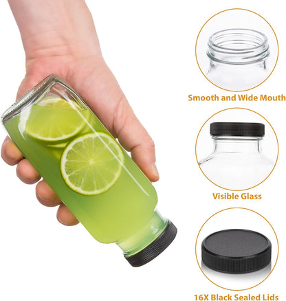 Juice Bottles with Lids, 16 Oz - Set of 8 - Clear Glass Jars with Caps - Reusable Empty Drink Containers for Juicing, Smoothies, Water, Milk