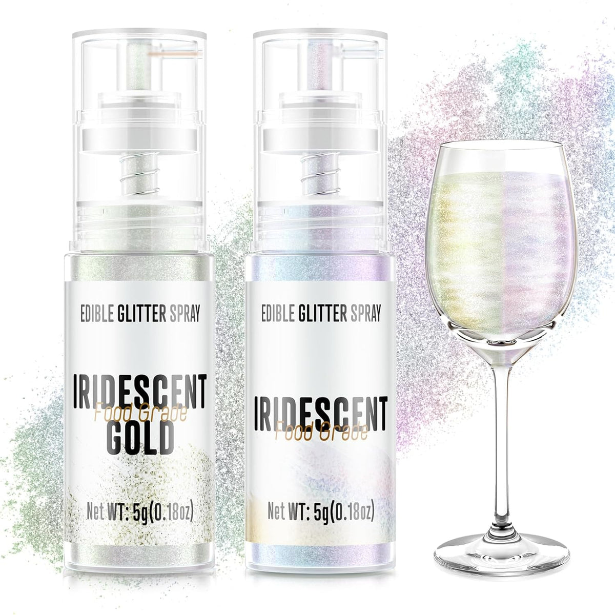 Edible Glitter Spray,2 Colors Iridescent & Iridescent Gold Food Grade Edible Glitter Set for Drink Cake Beverages,Cupcakes