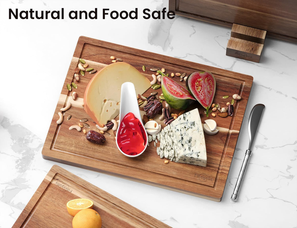 Acacia Wood Cutting Boards for Kitchen(Set of 3),Wooden Chopping Boards Set with Juice Groove, Large Serving Board with Holder,Butcher Block for Meat