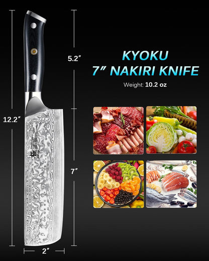 Kyoku Gin Series Nakiri Knife, 7" Vegetable Knife, Japanese VG10 Damascus Stainless Steel Kitchen Knife with Silver Ion Blade G10 Handle & Mosaic Pin