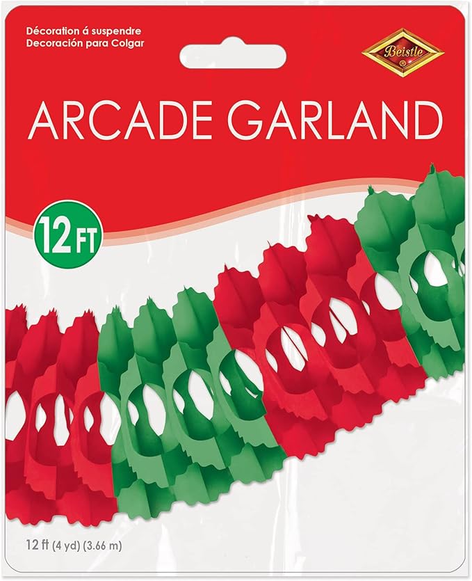 Beistle Red & Green Tissue Paper Hanging Garland Christmas Party Decorations, 5.5" x 12', Red/Green