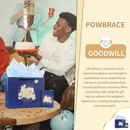 Powbrace 13" Blue Happy Birthday Gift Bag with Tissue Paper and Greeting Card for Party,Happy Birthday Gift Bag for Men Women, Gift Bags Medium size(2 PCS Blue)