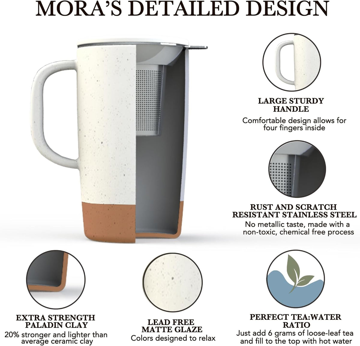 Mora Ceramics Large Tea Mug with Loose Leaf Infuser and Ceramic Lid, 18 oz, Portable, Microwave and Dishwasher Safe, Tall Coffee Cup