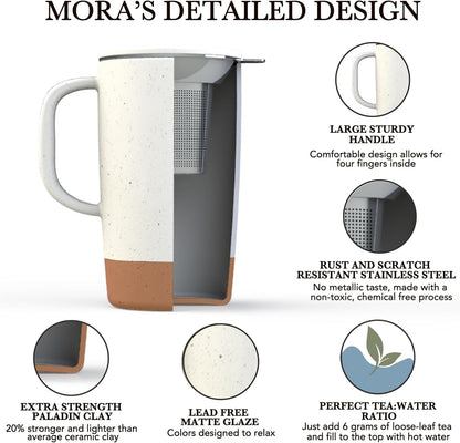 Mora Ceramics Large Tea Mug with Loose Leaf Infuser and Ceramic Lid, 18 oz, Portable, Microwave and Dishwasher Safe, Tall Coffee Cup