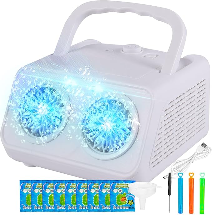 SHCKE Automatic Bubble Machine Upgrade Bubble Blower with 2 Fans,20000+ Bubbles Per Minute, USB-C or Battery Powered,Sealed Bottle, Portable Bubble Maker for Birthday Party Pool Wedding Outdoor