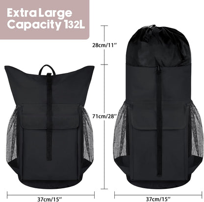 Laundry Backpack Bag, 132L Extra Large Heavy Duty Laundry Backpack for College Dorm Essentials, Laundry Hamper Travel Bag with Shoulder Straps and Mesh Wash Bags for Laundromat, Apartment Black