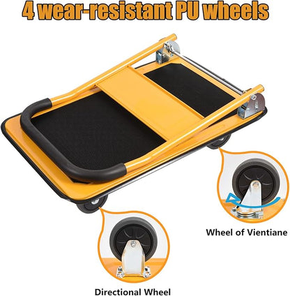 LEADALLWAY Foldable Push Cart Platform Cart 330lbs Capacity 4 Wheels 28.7x18.5x32.3inches Yellow with 2 Ropes Small Flatbed Cart
