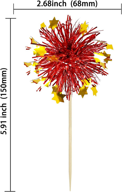 Ephlyn 30Pcs Foil Firework Cupcake Toppers Party Birthday Cake Toppers Supplies Sparkle Tinsel Cocktail Fruit Toothpick for Birthday Wedding Graduation Party Red