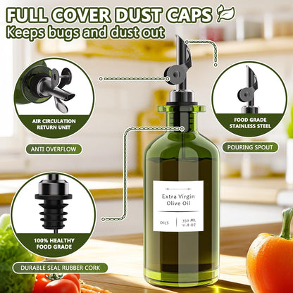 COOLMI Oil Dispenser for Kitchen - 12oz/350ml, Set of 2 Extra Thick Food Grade Glass Olive Oil Dispenser Bottle with Cleaning Brush, Stickers and Funnel (Black)