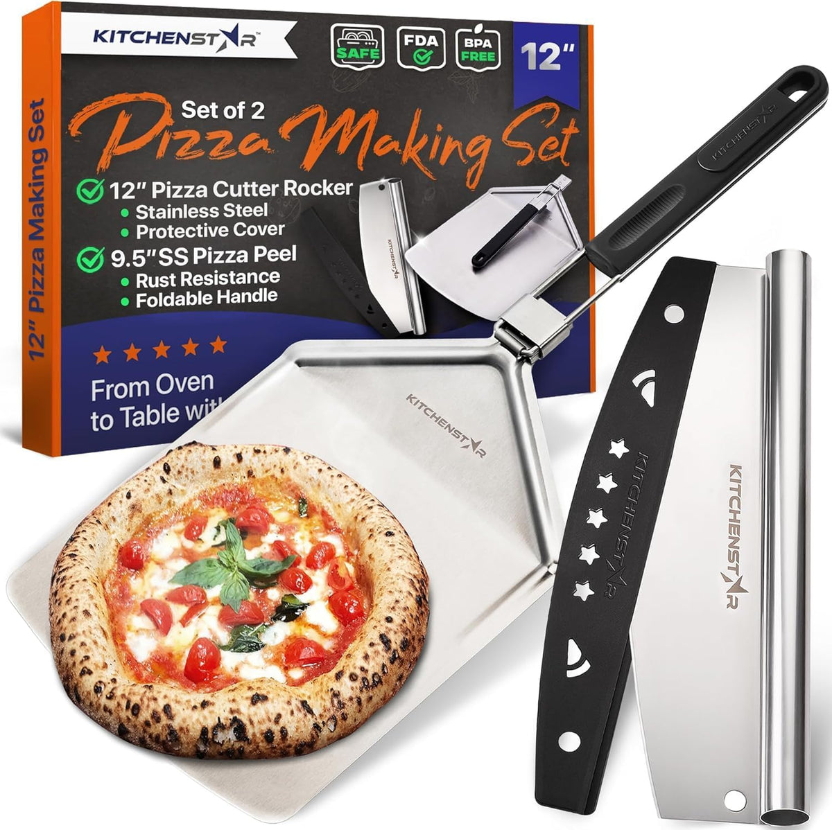 14" Pizza Making Kit (Set of 2) - 14" Pizza Cutter Rocker Knife with Blade Cover + 13" Perforated Stainless Steel Pizza Peel with Folding Handle
