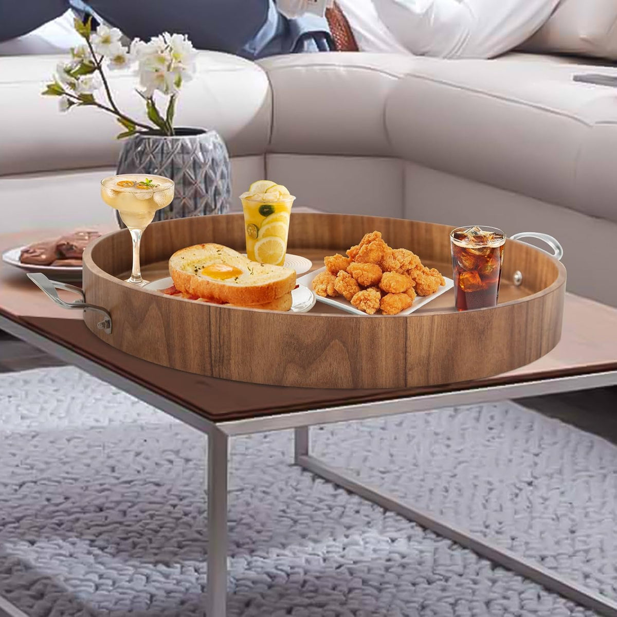 Ottoman Tray with Handles, 20 Inch Round Ottoman Tray Large Trays for Ottomans Wooden Serving Tray Decorative Trays for Living Room, Party, Breakfast