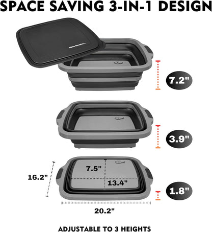 Collapsible X-Large (16L) BBQ Marinating Tub w/Cutting Board | Multipurpose Food-Grade TPE Prep Tub w/Lid | Built-In Colander & Drain Plug - For Camping | Tailgate | Picnic - Slate Black