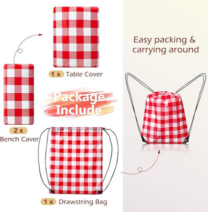 Picnic Table Cover with Bench Covers and Bag, Camping Table Camping Essentials Cover with Elastic Edges (Red)