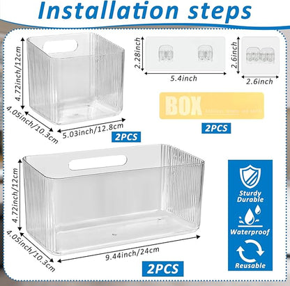 4 PCS 2 Size Plastic Adhesive Mount Over Cabinet Door Organizer, Under Sink Door Storage Shelf Refrigerator Side Storage Box, Wall Organization Container for Kitchen Bathroom Office