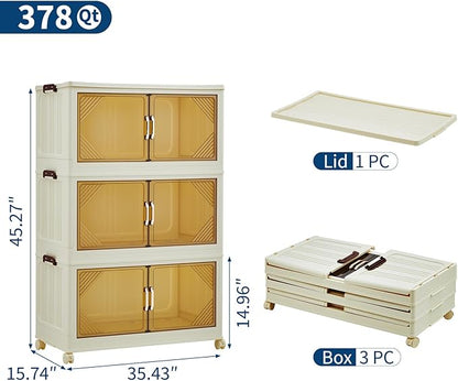 GarveeHome 378QT Stackable Storage Bins, Folding Storage Box with Magnetic Doors & Wheels, Loset Organizers and Storage with Lids, Collapsible Plastic Drawers for Bedroom Kitchen Office, White