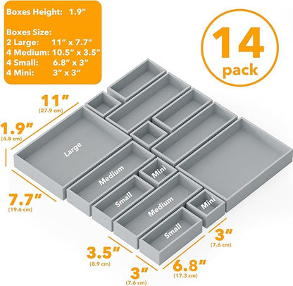 SpaceAid 14-Piece Bamboo Drawer Organizer Storage Boxes Set, Wood Tray Junk Drawer Organizers Multi-Use Divider Bins for Kitchen, Bathroom, Office Desk and Makeup Organization (14 Pack, Gray)