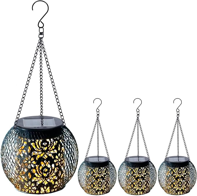 Solar Lanterns Outdoor Waterproof, 4 Pack Hanging Solar Lights Outside Garden Decor, Gifts for Women Mom Grandma Metal Decorative Lantern for Patio Yard Porch Balcony Backyard Lawn