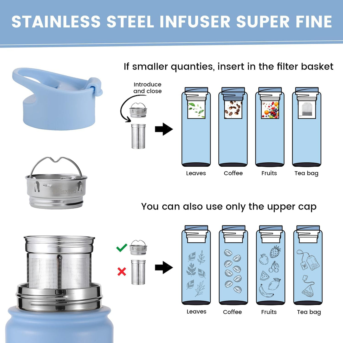 Lexlion Tea Infuser Water Bottle 22 Oz, Triple Walled Insulated Stainless Steel Bottle, Thermal Fruit Leaf Infuser, Silicone Sleeve, 3 Lids Leakproof