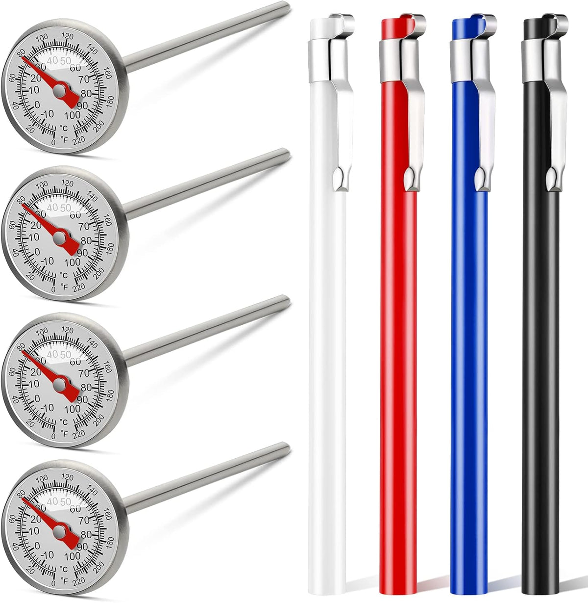 Xuhal 4 Pieces Stainless Steel Kitchen Pocket Thermometer Immediate Read 1 Inch Dial Food Thermometer with 4 Pcs Sleeves for Milk Frothing Oven Meat