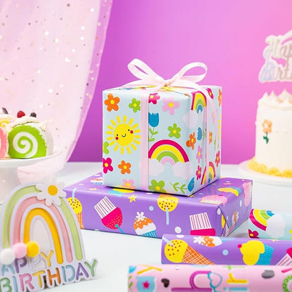 WRAPAHOLIC Girls Birthday Wrapping Paper Roll - 3 Short Rolls - 17 inch x 120 inch Per roll - Fantacy Pink and Purple Wrapping Paper for Kids Girls Birthday, Baby Shower