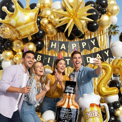21st Birthday Decorations for Him 150pcs with Number 21 Foil Balloon Fringe Curtains White Black and Gold Balloons Arch Kit for 21st Birthday Decorations Graduation Birthday Balloons for Bed