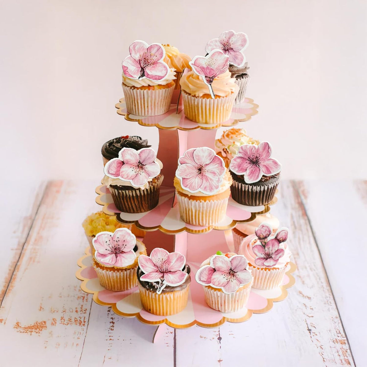Ephlyn 50Pcs Edible Flowers Cake Topper Cupcake Toppers Wedding Themed Party Baby Shower Birthday Party Cupcake Picks Anniversary Party Decorations Supplies Pink
