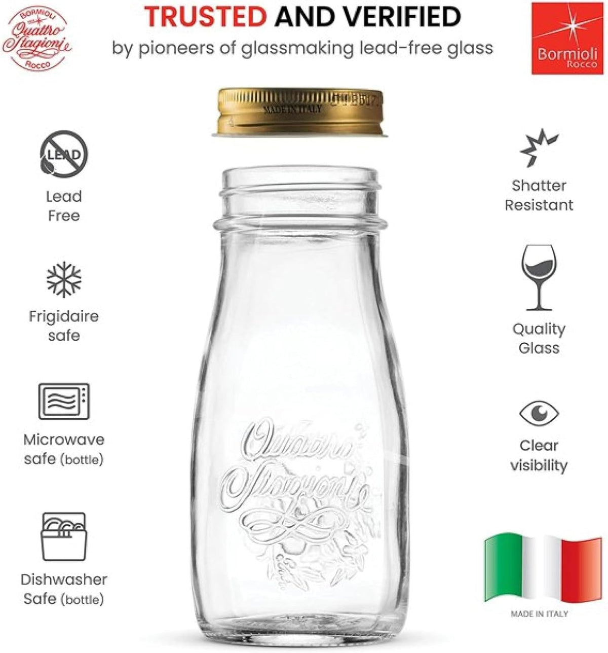Bormioli Rocco Quattro Stagioni Bottles, Set of 6-13.5 Oz. Clear Glass with Twist Lids for Food Preserving, Beverage Serving, Homemade Gifts