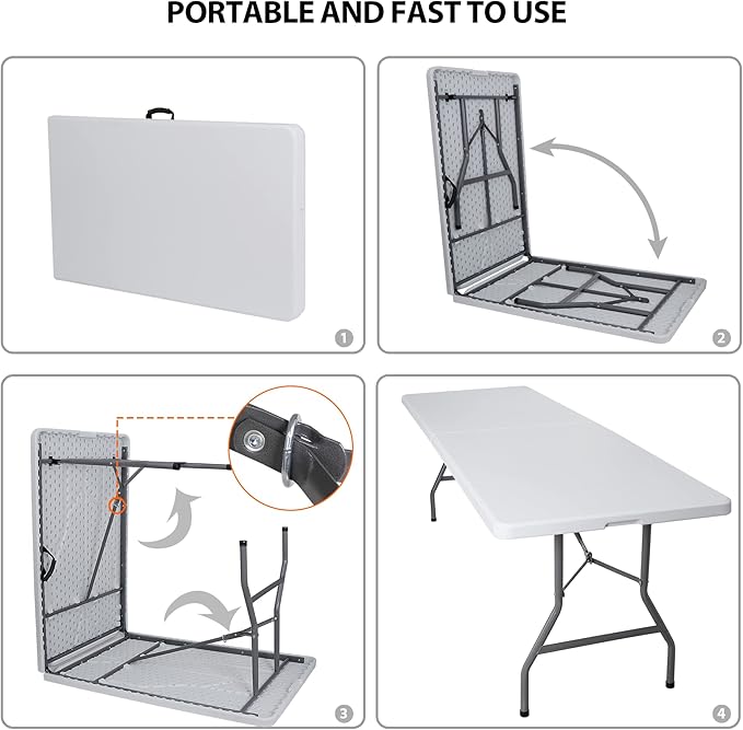 8 FT Folding Table, Fold in Half, Heavy Duty Portable w/Handle Plastic for Picnic Party Camping Dining Indoor Outdoor - Lightweight White