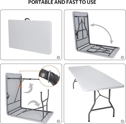 8 FT Folding Table, Fold in Half, Heavy Duty Portable w/Handle Plastic for Picnic Party Camping Dining Indoor Outdoor - Lightweight White