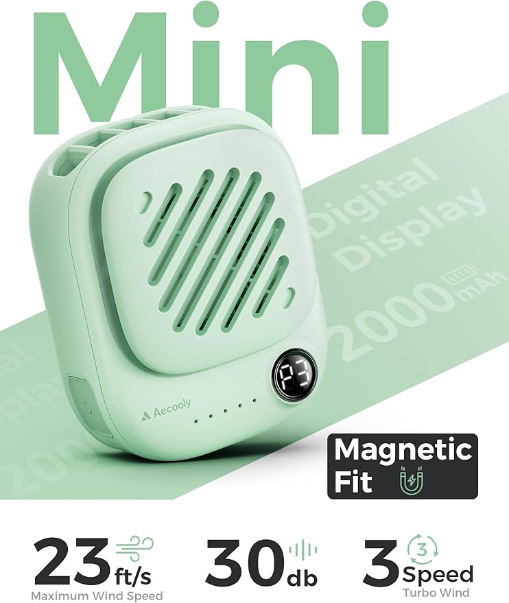 Aecooly Mini Portable Neck Fan, Mighty Hands Free Fan, Magnetic Fit Click 01 USB Rechargeable [10H Max Cooling Time], Personal Battery Powered, Pocket for Travel, Summer, Gifts for Women -Green