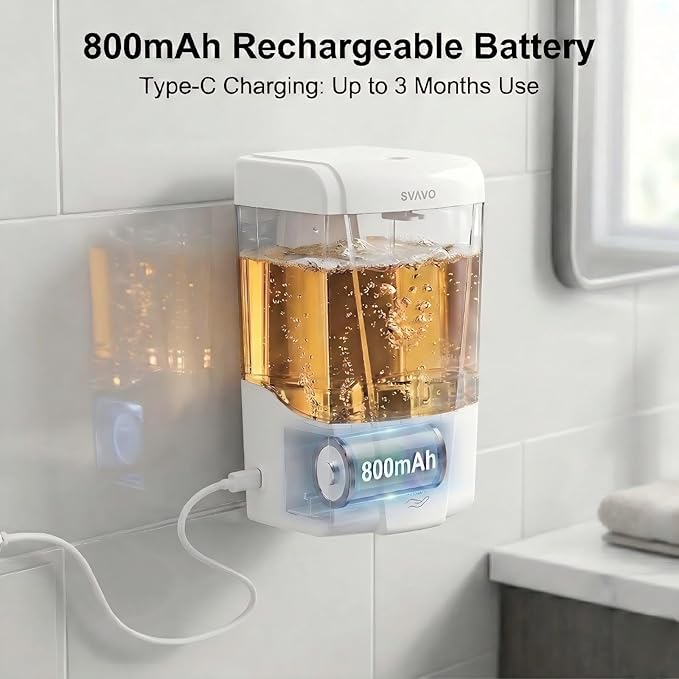 SVAVO Automatic Soap Dispenser Type-C Rechargeable - Commercial Wall Mount Hand Soap Dispenser for Restaurant, Kitchen & Bathroom, Electric Soap Pump for Office, 21 fl.oz for Liquid Soap, White
