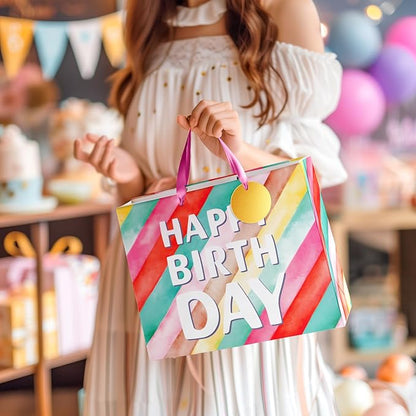 BGTCARDS Birthday Gift Bag with Tissue Paper and Card, Happy Birthday Gift Bags for Party, Reusable Gift Bag for Presents with Handles - 13”x 10”x 5”, 1PCS