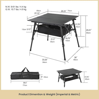 ARROWHEAD OUTDOOR 2-Pack 39" Aluminum Folding Camp Roll Up Table w/Adjustable Height, Undertable Mesh Storage, Carry Bag