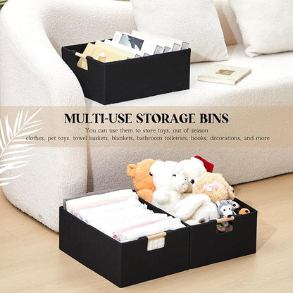 Cinnvoice 3 Pack Fabric Storage Bins for Closet Shelves, Rectangle Wardrobe Organizer with Handle, Collapsible Shelves Storage Basket for Sorting Clothes and Toy (Black,15 x 10.6 x 6 Inch)