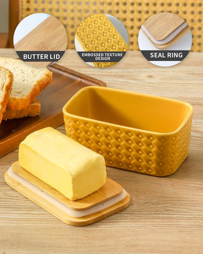 Ceramic Butter Dish with Lid,Large Butter Container with Airtight Cover for Countertop or Refrigerator,Farmhouse Kitchen Butter Holder for Gift,Dishwasher Safe,Yellow Embossed Pattern